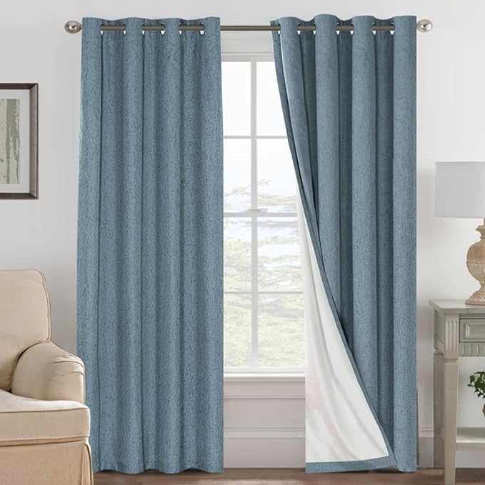 H.VERSAILTEX Blackout Curtains Linen Curtains 120 inches Long 100% Black Out Curtains for Bedroom Windows, Textured Linen Look Draperies Grommet with White Liner, 2 Panels, Stone Blue
