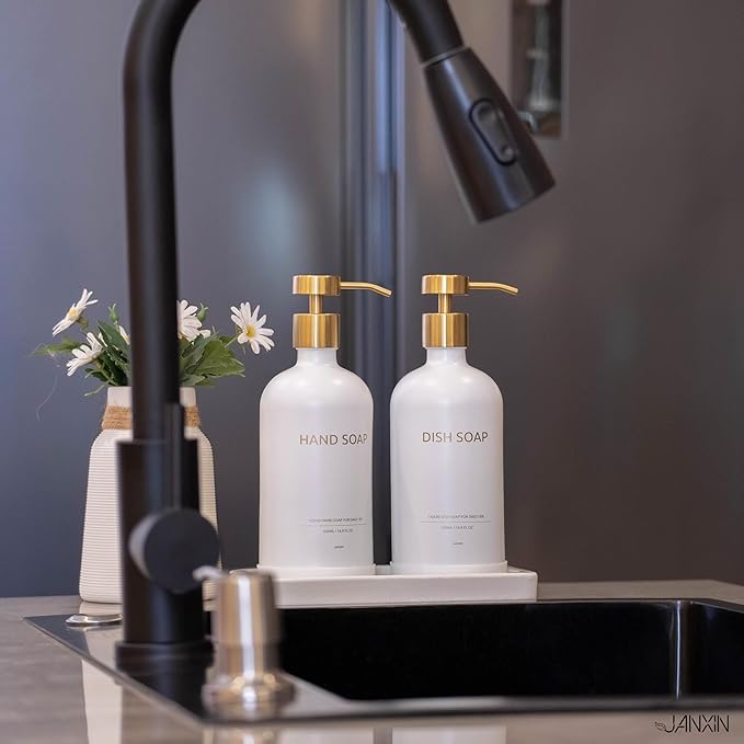 Glass Kitchen Soap Dispenser Set with Ceramic Tray,16.9 floz Hand and Dish Soap Dispenser for Kitchen and Bathroom Decor (White Bottles + Gold Pumps)
