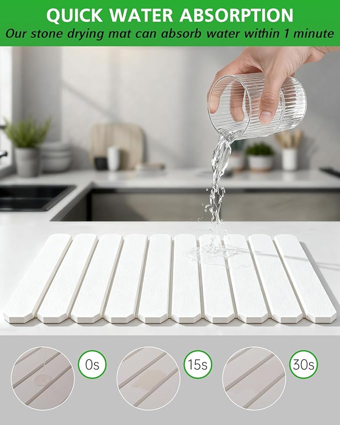 Stone Drying Mat for Kitchen Counter 16x24 Inch, Diatomaceous Dish Drying Mat with Towel Sanding Tool, Fast-Absorbing Quick-Dry Non-Slip Sink Tray