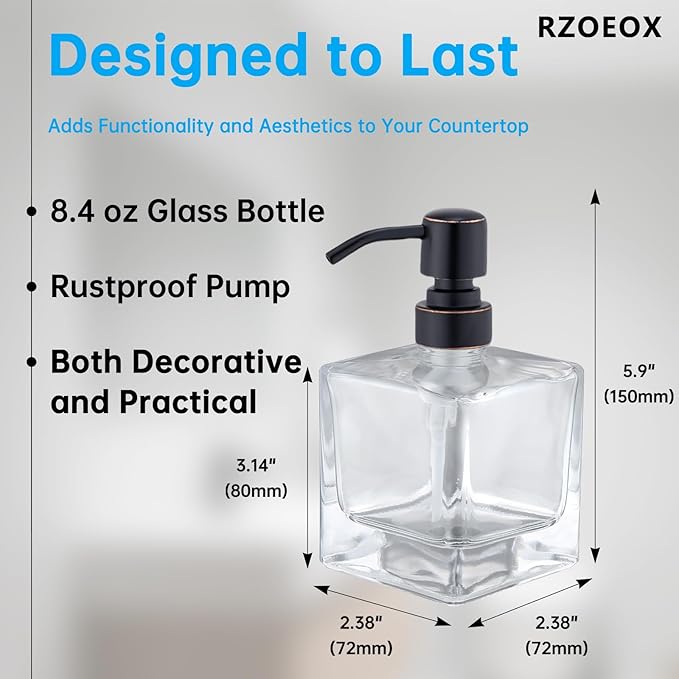 Hand Soap Dispenser Square with Oil Rubbed Bronze Pump, 8.4 oz Liquid Clear Glass Soap Dispenser with Stainless Steel Pump for Dish Soap Bathroom Kitchen Vanity Countertop