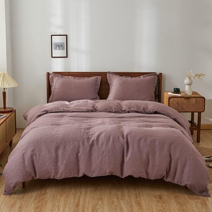 Simple&Opulence 100% Linen Duvet Cover Set, 3 PCS Natural French Flax Purple Duvet Cover King Size, Breathable Soft Comfy Linen Bedding Comforter Cover with 2 Pillowcases(Purple, 104"x92")
