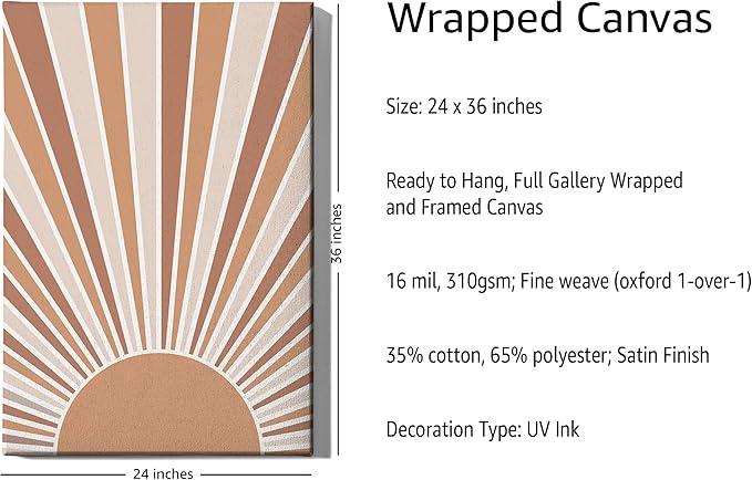 Boho Rising Sun Wrapped Canvas Wall Art Sunburst Rays Earth Tones Terracotta 24x36 Inch Gallery Stretched Minimalist Modern Home Art Decor