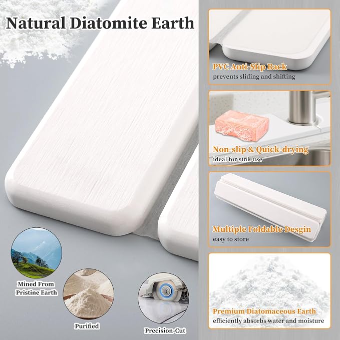 Diatomaceous Stone Drying Mat for Kitchen Counter with Sink Faucet Mat, White Absorbent Quick Dry Dish Drying Mat Set, Diatomite Stone Slat Countertop Pad for Dishes, Cups