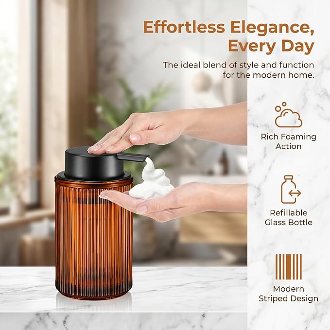 Amber Glass Foaming Hand Soap Dispenser with Matte Black Pump Thick Striped Bottle Refillable for Bathroom and Kitchen Decor 12 fl oz