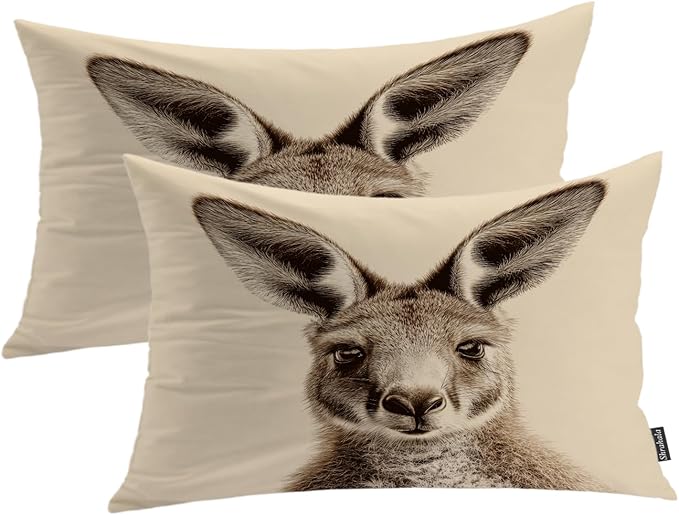 Shrahala Cute Kangaroo Decorative Throw Pillow Cover, Sepia Toned Kangaroo Portrait Lumbar Pillowcase Blended Double-Sided No Inserts for Bedroom Living Room Set of 2 (12 x 20 in)