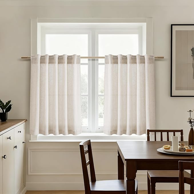 Nanspring Beige Linen Curtains for Kitchen Windows Over Sink - Cafe Drapes Rustic Farmhouse Semi Sheer Curtains with Back Tab and Rod Pocket Short Curtain for Small Window 36 x 24 Inch,2 Panels