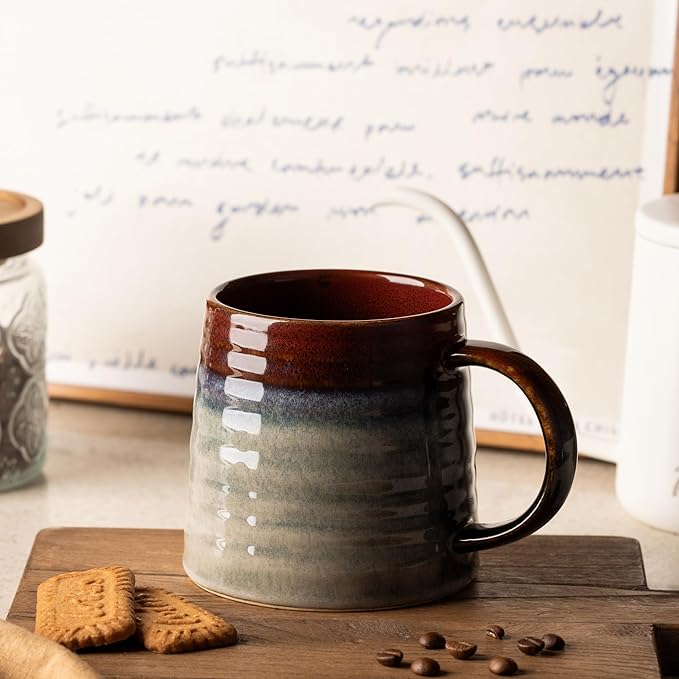 15.5 Oz Large Reactive Glaze Ceramic Mug, Heavy Weighted Stoneware Coffee Cup, Wide Base, Thick Wall Big Tea Cup with Custom Package Box, Microwave & Dishwasher Safe (Black Red)