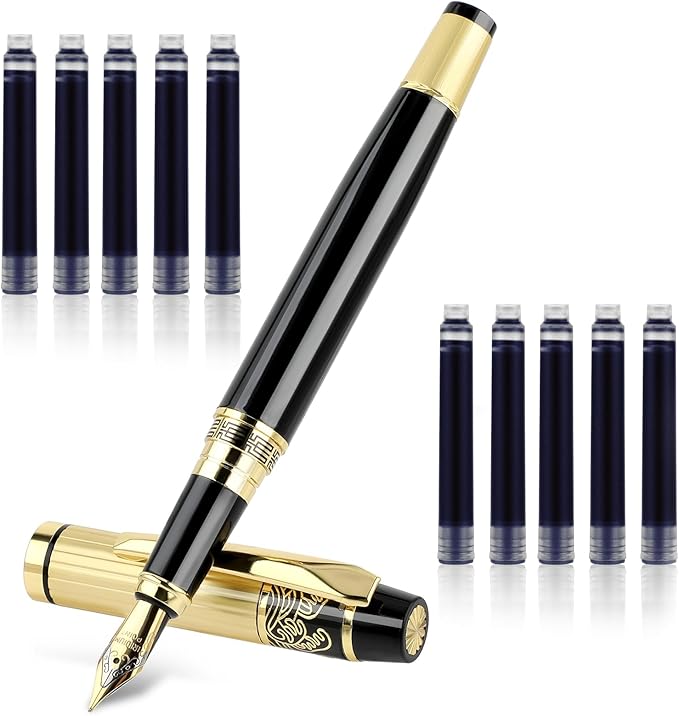 Andibro Metal Fountain Pens, With 10 Black Ink 2.6mm Cartridges, 0.5mm Luxury Fine Point Fountain Pen Business Pen Smooth Writing Stainless Steel Pen Calligraphy Pen for Office School Supplies(Blue)
