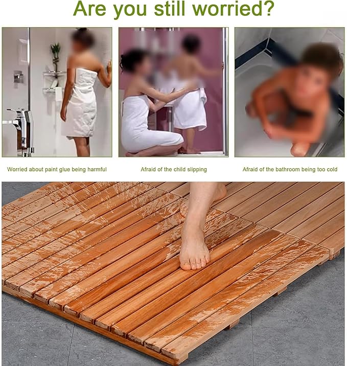 Natural Non Slip Bamboo Bath Mat, Durable Rectangular Wooden Bath Mat, Solid Wood Bathroom Floor Mat, Bamboo Bath Mat, Water Resistant Shower Mat, Bath Mats, Kitchen Mat, 40x40cm/16x16in