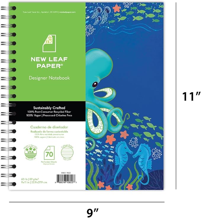 Large Spiral Bound Recycled Notebook, Sealife Design, 11" x 9", 70 Sheets, Double-Wire, College Ruled, Vegan, Made in USA