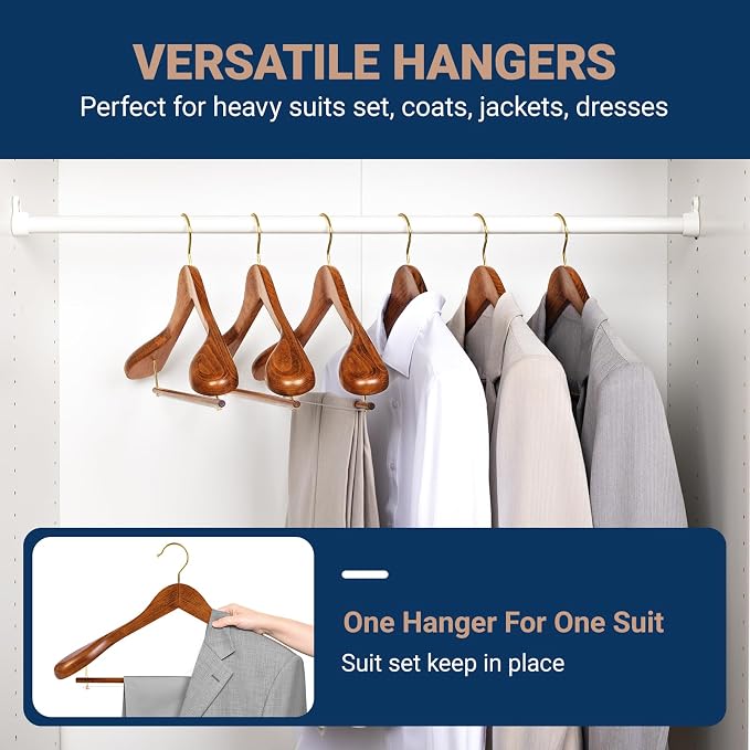 Amber Home 6 Pack Wide Shoulder Vintage Wooden Suit Hangers, Antique Wood Coat Hangers with Non Slip Pants Bar, Clothes Hangers for Jackets, Sweaters, Pants & Heavy Clothes (Vintage)
