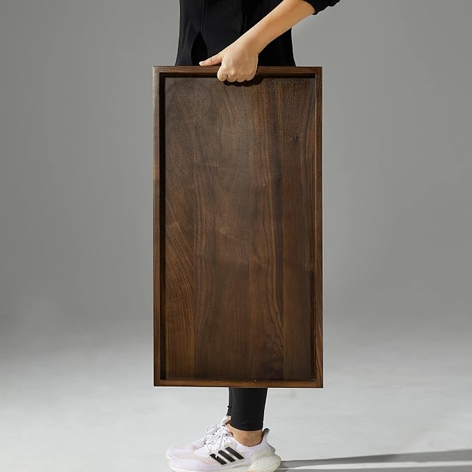 28 x 15 inches Extra Large Wood Trays for Ottoman with Handles FSC Natural Handmade Black Walnut Serving Tray Vintage Decorative Platters for Oversized Ottoman Kitchen