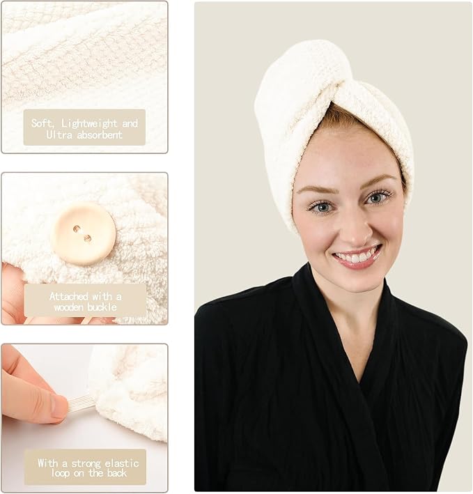 ROLSHOL Extra Large 4 Pack Microfiber Hair Towel Wrap for Women Super Absorbent & Quick Dry Hair Drying Towels with Button, Hair Turbans for Curly Hair Long & Short Hair - Anti-Frizz