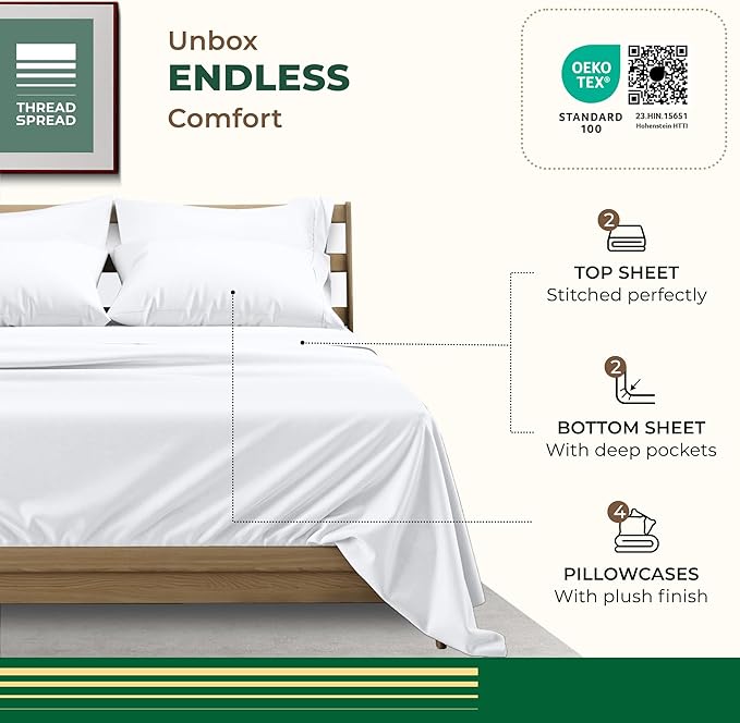 THREAD SPREAD 100% Organic Cotton Sheet Set Pack of 2 - Organic Cotton Queen Size Percale Weave Sheet Set, Soft, Cooling, Crisp & Breathable, 16" Deep Pocket Hotel Quality Bedding Set - White
