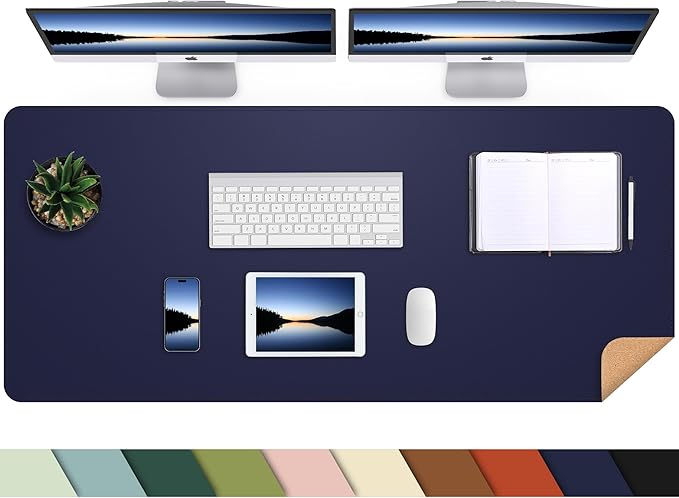 AFIING Cork Desk Mat 47" x 23.6", Dual-Sided Natural Cork & PU Leather Desk Pad, Non-Slip Waterproof Large Mouse Pad for Office, Home & Gaming (Blue)