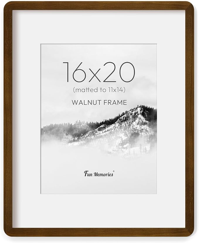 Fun Memories 16x20 Picture Frame - Solid Walnut Wood Poster Frame, Handcrafted Rounded Corner 16 x 20 Wooden Frames Matted to 11x14 Photos, Horizontal or Vertical Wall Mounting, Natural Walnut