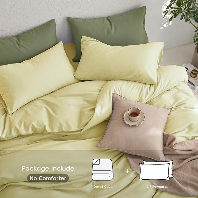 MooMee Queen Duvet Cover Set, 100% Washed Cotton Linen Like Twill Thick Sturdy Material Super Soft Breathable Durable Bedding for All Season, 3 Pieces (Pale Yellow, Queen 90"x90")