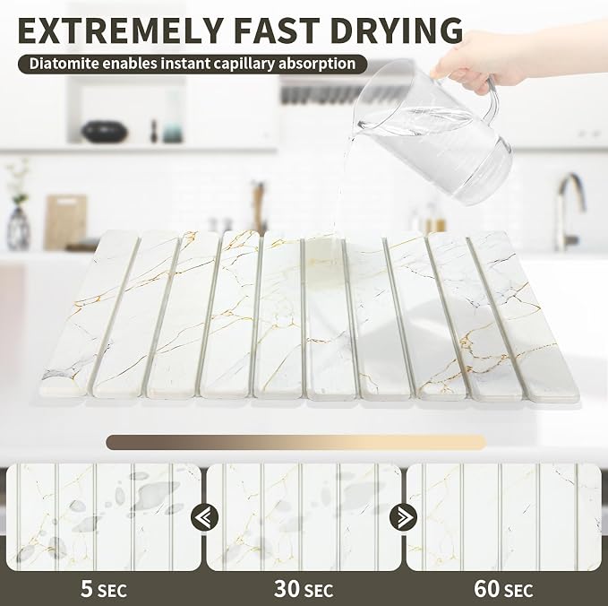 2 PCS White Marble Dish Drying Mat for Kitchen Counter, Diatomaceous Earth Stone Drying Mat, Foldable Quick-Dry Placemat Dishes Cups Utensils, stone drying mat for kitchen counter（20"×14" & 8"x4"）