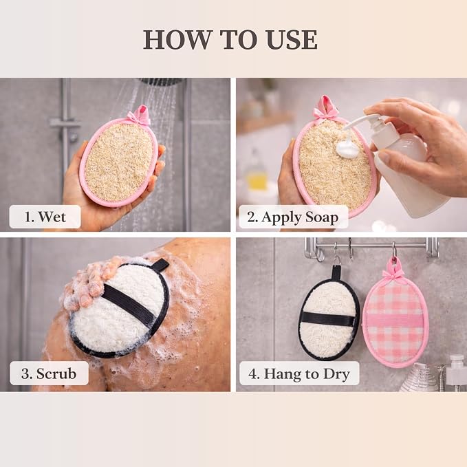 SERRENTO Couples Loofah Body Scrubber Set, Natural Shower Sponge, 4 Count