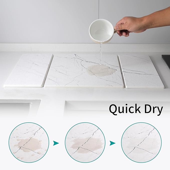 Stone Dish Drying Mat for Kitchen Counter, Quick Dry Dishes Pad,Foldable Water Absorbent Diatomaceous Earth for Bottles Cups Dishes Drying Mats,24" x 15" Non-Slip Pad for Bathroom
