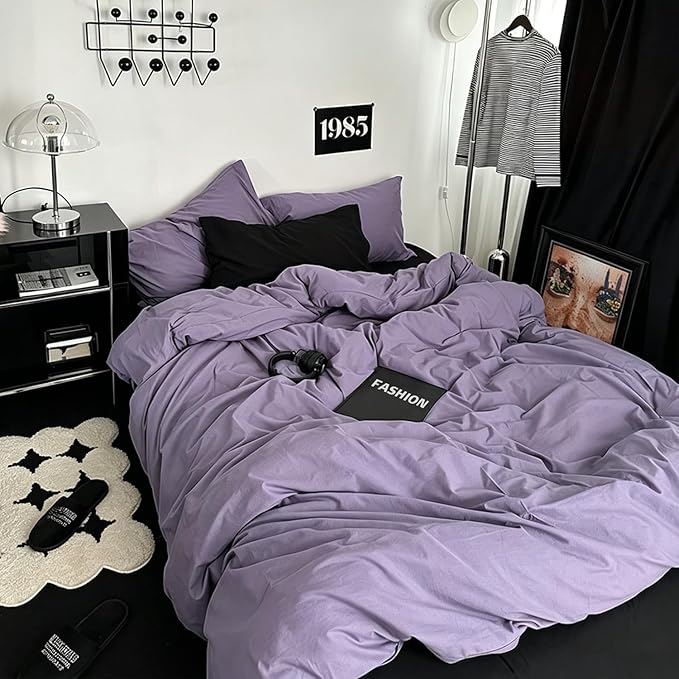 mixinni Solid Purple Duvet Cover Set Queen Size - 100% Washed Cotton 3-Piece Minimalist Bedding Set, Ultra Soft Breathable Solid Color Purple Comforter Cover with Zipper & Corner Ties, Full Size