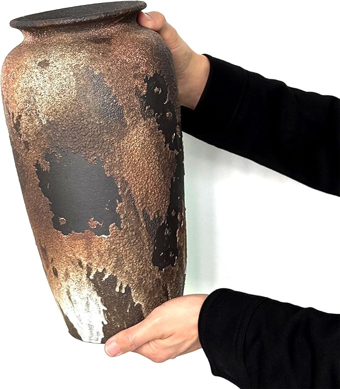 GeLive Large Rustic Ceramic Vase, 12 Inch Textured Distressed Brown Pottery, Handmade Wabi Sabi Boho Farmhouse Vase for Pampas Grass, Fresh & Dried Flowers, Living Room, Entryway, Table Centerpieces