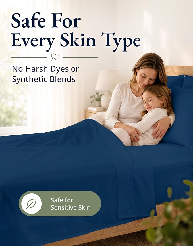 LANE LINEN Fitted Sheet, 100% Organic Cotton Fitted Bed Sheets, Soft & Comfy Naturally Cooling Eco Friendly All Weather Fitted Sheets Queen Fits Mattress Upto 15" Deep- Navy (Cases Included)