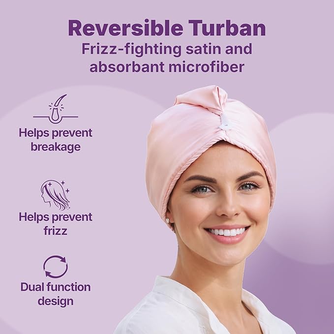 Goody Reversible Satin & Microfiber Turban, Day to Night Styling, Dual-Sided Microfiber Hair Towel Wrap for Quick-Drying, Satin Bonnet for Frizz-Control, For All Hair Types, Gift for Women & Girls