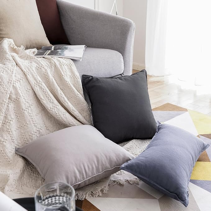 Jeanerlor Solid Cotton Linen Decoration Throw Pillow Cover Dark Grey Cushion Case vhc Pillow Cover Decorative Waist Pillowcase for Couch/Bed/Chair 18"x18" 2 pack