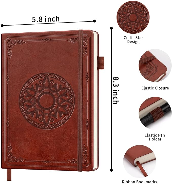 Lined Journal Notebook, A5 Leather Vintage Journals for Writing, 288 Pages College Ruled Notepad for Women Men, Vegan Leather Daily Notebook for Work, School, Travel, Note Taking(Celtic Star, Brown)