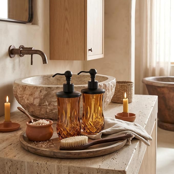 2 Pack 9 Oz Glass Soap Dispenser with Matte Black Zinc Alloy Pump, Amber Round Textured Refillable Hand Soap Dispenser for Lotion, Hand Soap, Body Wash, Kitchen & Bathroom Countertop Decor