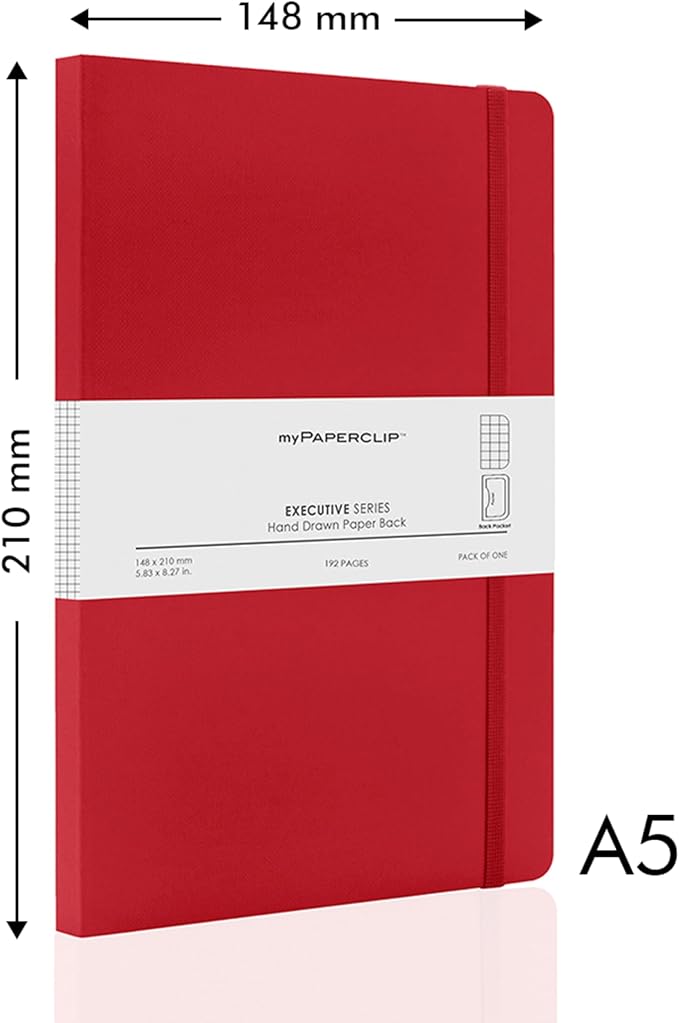 myPAPERCLIP Executive Series A5 Checks/Square Grid Notebook | 192 Pages, 80 GSM, Soft Cover, A5 (5.83 x 8.27 in) | Flat Lay | Bookmark, Elastic Closure & Back Pocket | Red