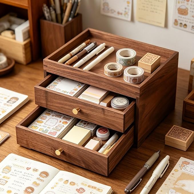 Solid Walnut Wood Desk Drawer Organizer – 1/2 Tier Desktop Storage Box with Drawers for Stationery, Makeup, Jewelry, Remote Control (Double)