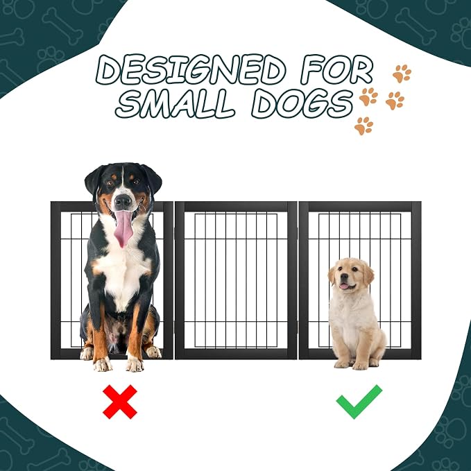 Semiocthome Freestanding Dog Gates and Barriers Indoor Pet Gates for Doorways and Stairs 24"H- 3 Panels Puppy Gate with 2 Metals Stands Adjustable Safety Fence Wire Dog Gate with Bamboo Frame - Black
