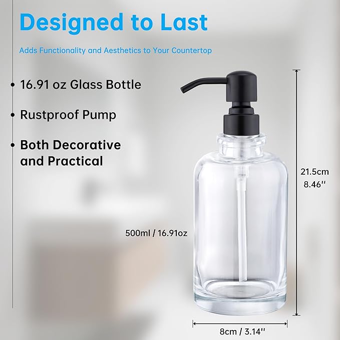 Glass Soap Dispenser Clear Bottle with Black Pump, 17 OZ Liquid Soap Dispenser Cylindrical with Stainless Steel Pump for Dish Hand Soap Bathroom Kitchen Large Capacity