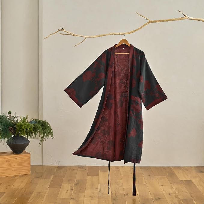 100% Cotton Gauze Ginkgo Leaf Kimono Robe, Long Knit Loose Bathrobe Nightgown Ladies Loungewear Sleepwear for Women