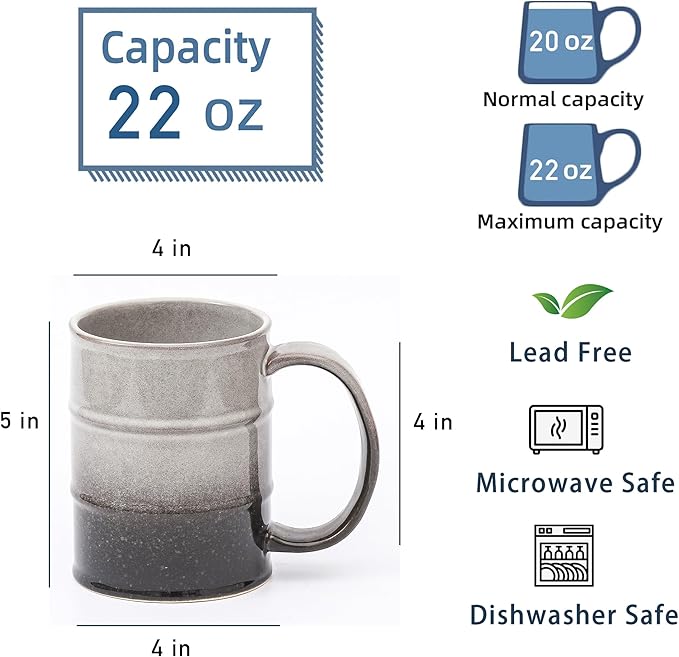 Coffee Mug, 22 oz Beer Mugs Large Ceramic Coffee Mug Tea Cups, Handmade Mug with Big Handle for Office and Home, Dishwasher and Microwave Safe (Grey Black)