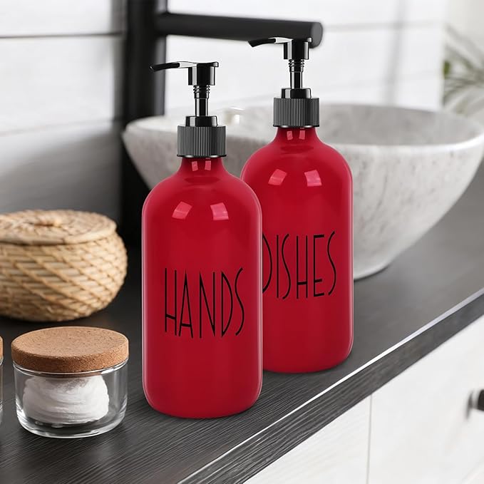 Dish Soap Dispenser for Kitchen - 16 OZ Glass Hand Soap Dispenser Set - Kitchen Bathroom Decor and Accessories (Red)