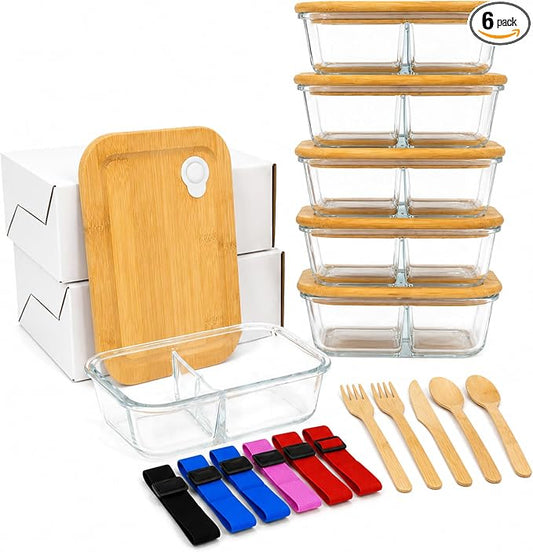 Glass Food Storage Containers with Bamboo Lids, Airtight Containers, Non Toxic Food Storage, Eco Friendly Fridge Storage Containers Includes Elastic Bands and Utensils (6 Count)