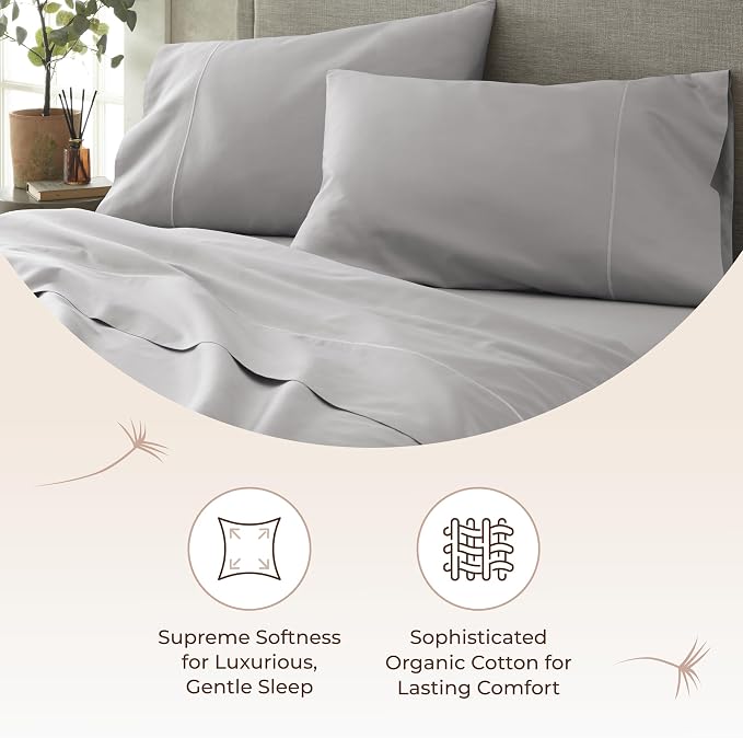 Certified Organic Queen Flat Sheet Only - 100% Organic Cotton Top Sheet with Luxurious Soft and Breathable 500 Thread Count Sateen Weave Finish - GOTS & Fairtrade Certified (Gray, Queen)