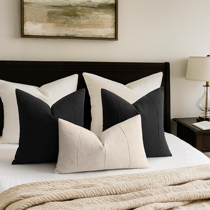 ZWJD Decorative Linen Throw Pillow Covers 24x24 Set of 2 Solid Handcrafted Striped Cushion Covers for Bed Soft Modern Farmhouse Neutral Pillowcase for Couch Bedroom Living Room Home Decor(Black)