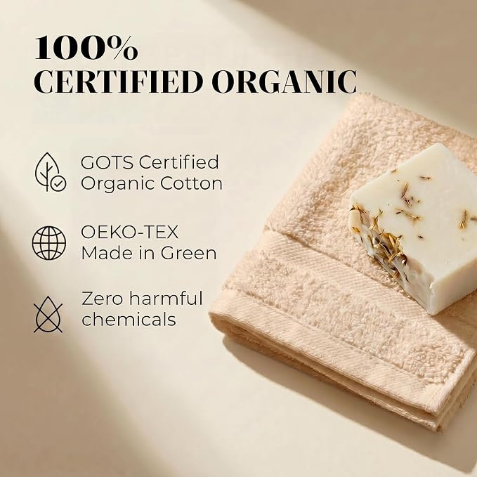 6 Piece Organic Cotton Luxury Bath Towel Set, 700 GSM Plush Long-Staple Bath Hand Wash Bundle, Soft Absorbent Quick-Dry Bathroom Towels, GOTS & Oeko-TEX Certified Hotel Spa Quality – Beige