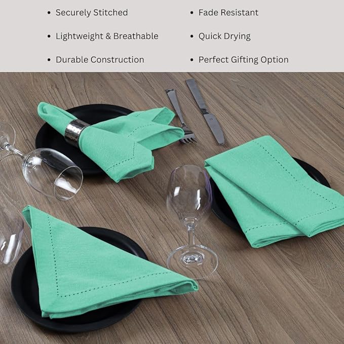 Hemstitch Dinner Napkins 100% Cotton Set of 12 - for Dining Weddings Parties Holidays Easter Everyday Use - Soft Durable Washable Table Napkins - 18x18 Inch Cloth Napkins Turquoise Blue