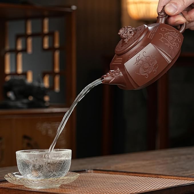 Zisha Teapot, Chinese Yixing Clay Handmade Tea Pot 9.8 Oz, Infuse Brew Kung Fu Loose Leaf Tea Maker (BaGua,Zini Purple Clay)