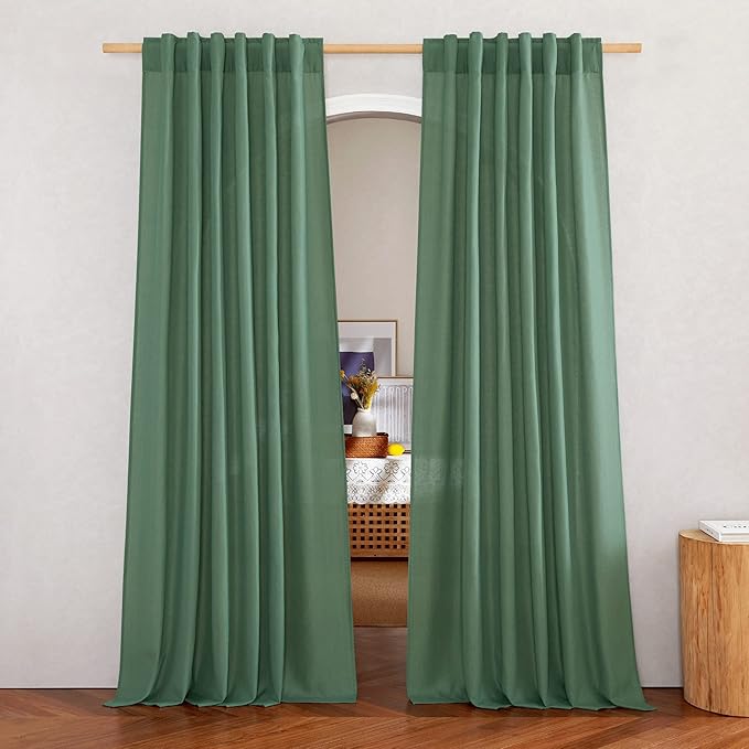 NICETOWN Olive Green Curtains 84 inch Length 2 Panels, Rod Pocket & Back Tab Linen Blend Privacy Added Thick Flax Light Filtering Semi Sheer Window Drapes for Bedroom/Living Room, W55 x L84