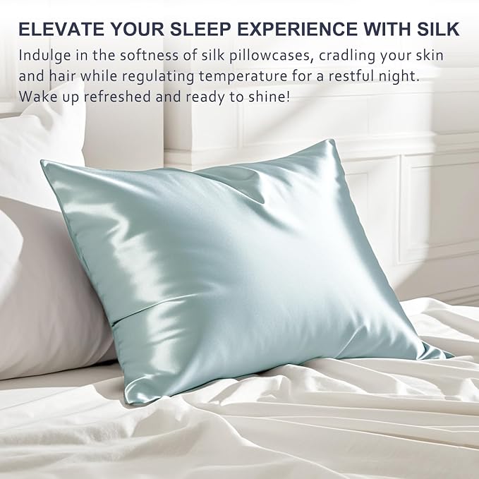 Ravmix Silk Pillow Cases with Zipper, 21momme Mulberry Silk Pillowcase for Hair Skin Health, Soft Smooth Breathable Cool Pillow Cover for Beauty Sleep with Gift Box 1PC(Standard 20"x26", Aqua Green)