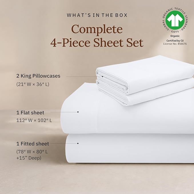 California Design Den King Size Sheets Set - 100% Organic Cotton Sheets King, Soft and Lightweight Sateen, Deep Pockets, Durable Bedding - White