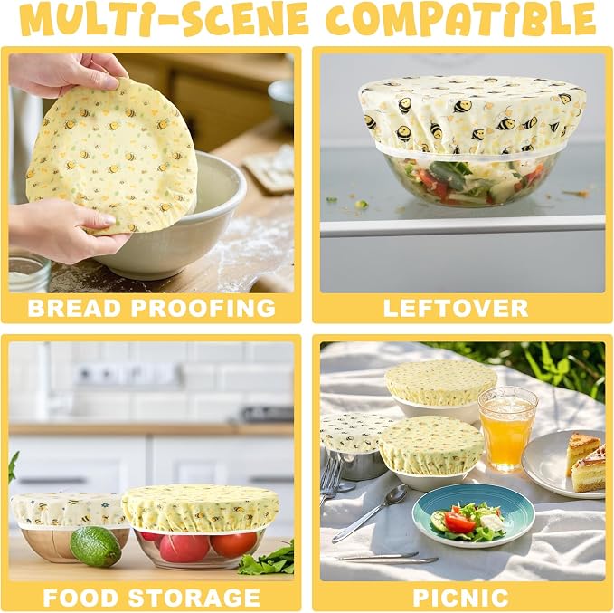 Reusable Beeswax Bowl Covers 4-Pack (6″ 8″ 10″ 12″), Elastic Cotton Food Storage Covers for Bread Proofing, Sourdough Dough & Containers