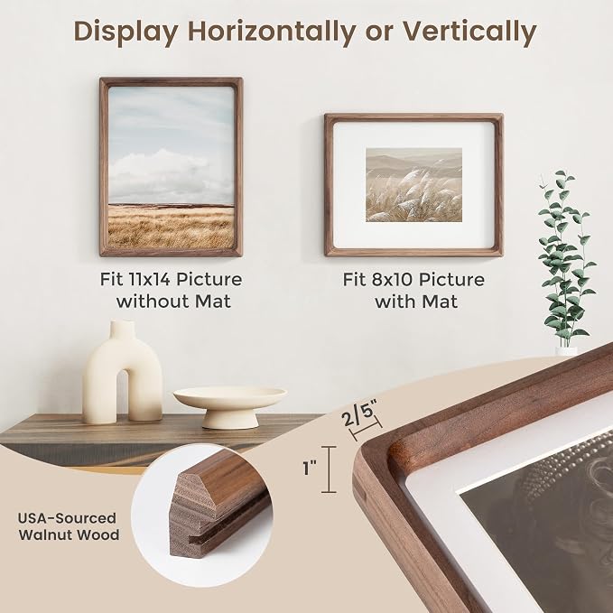 11x14 Picture Frame, USA-Sourced Walnut Wood Photo Frame with HD Tempered Glass, Handcrafted Rounded Corner 11 x 14 Wooden Frames Matted to 8x10 Photos, Horizontal or Vertical Wall Display-2p | Hd Tempered Glass