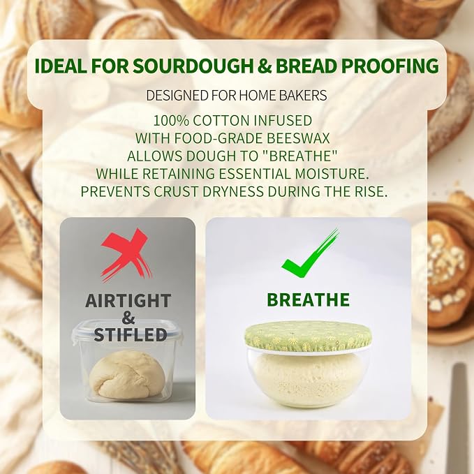 Reusable Bowl Covers Elastic, Beeswax Food Wraps for Sourdough Bread (Green) | Shower Caps for Sourdough Bread Proofing, Washable Sustainable Cloth Covers for Kitchen Mixing Bowls, 2-Pack